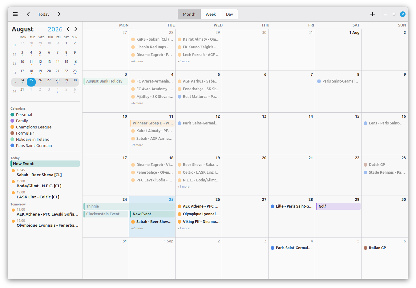 Clockenstein month calendar with events and multiple calendars